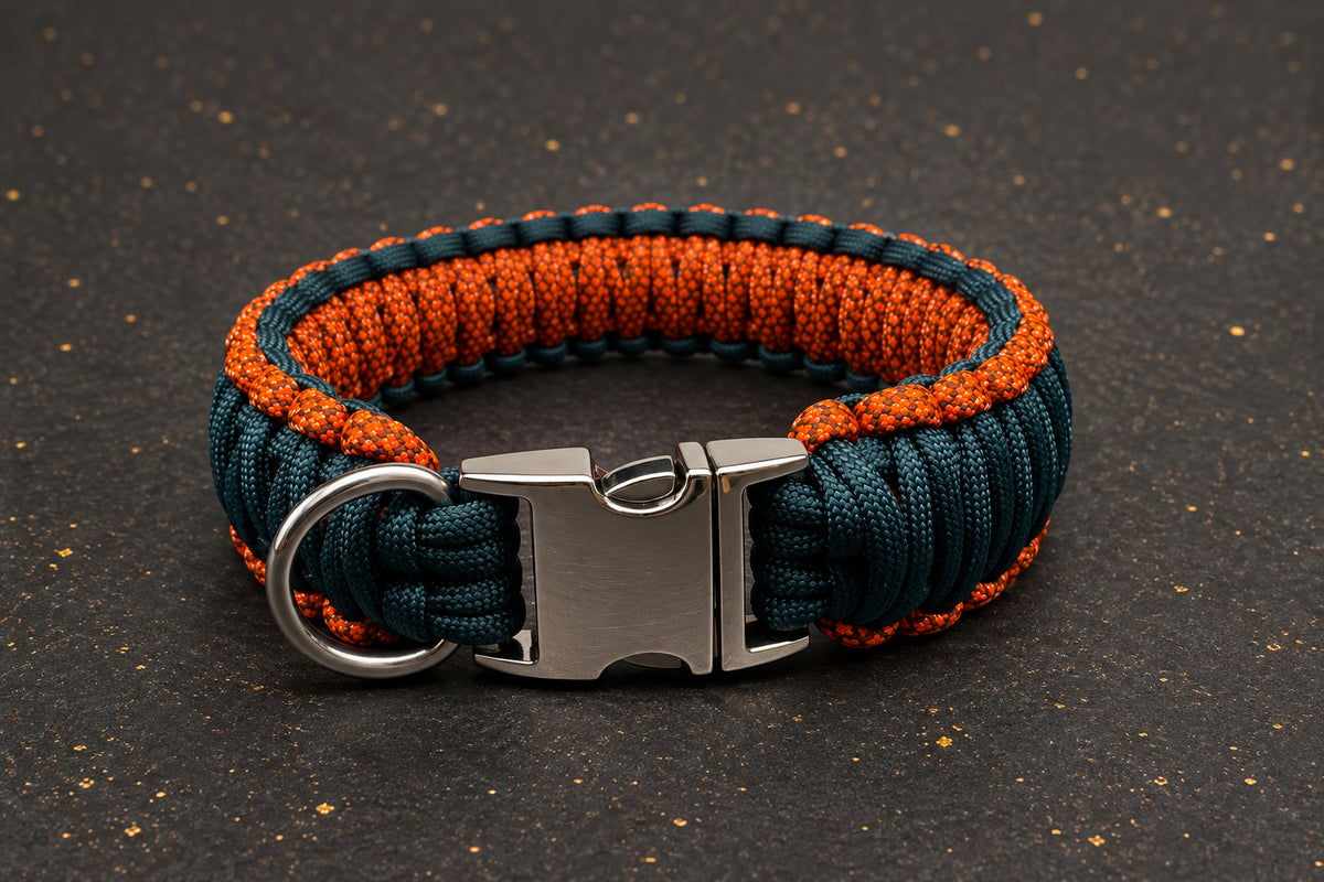 Handgefertigtes Paracord-Hundehalsband „V-Muster“  35 cm– Orange/Dunkelgrün