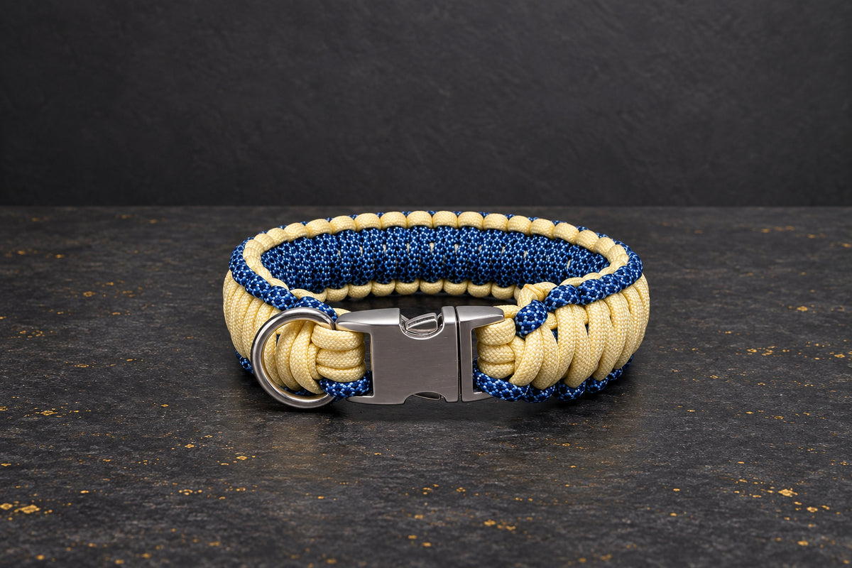 Handgefertigtes Paracord-Hundehalsband „V-Muster“ – Gelb/Blau