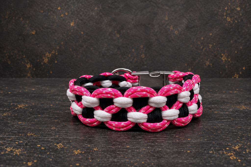 Handgefertigtes Paracord-Hundehalsband „$-Muster“ – Pink/Schwarz/Weiss