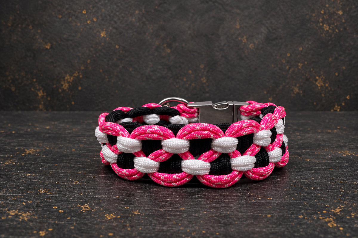Handgefertigtes Paracord-Hundehalsband „$-Muster“ – Pink/Schwarz/Weiss