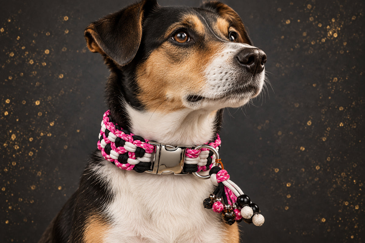 Handgefertigtes Paracord-Hundehalsband „$-Muster“ – Pink/Schwarz/Weiss