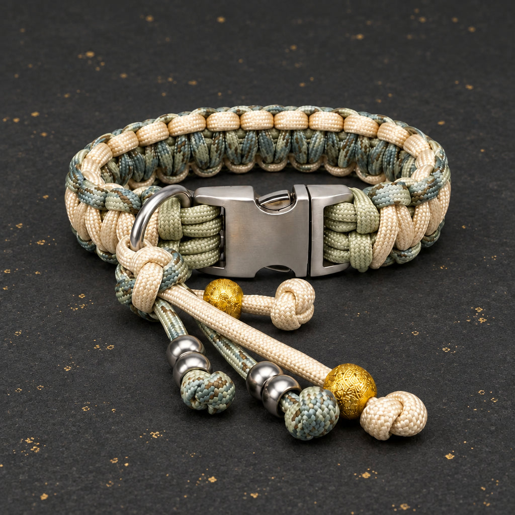 Handgefertigtes Paracord-Hundehalsband „V-Muster“ – Creme/Grau
