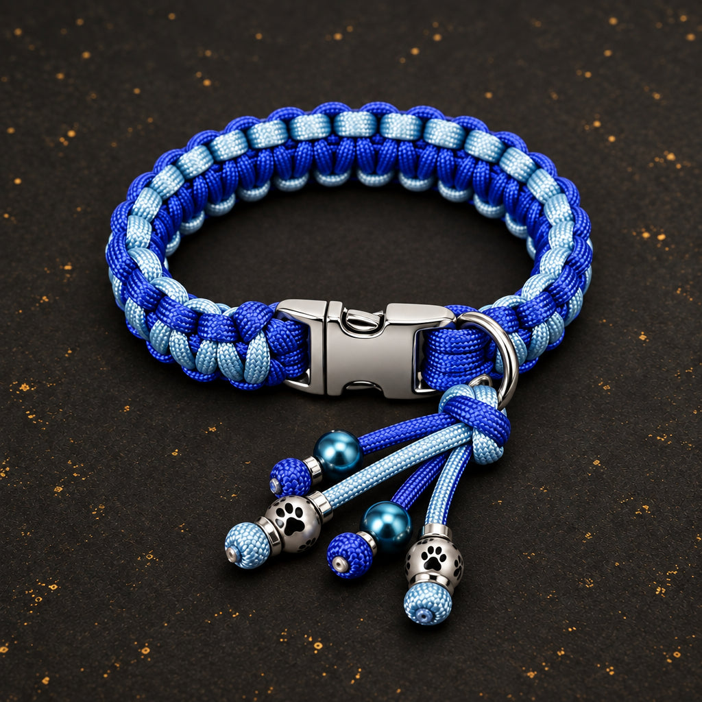 Handgefertigtes Paracord-Hundehalsband „V-Muster“ – Blau/Hellblau