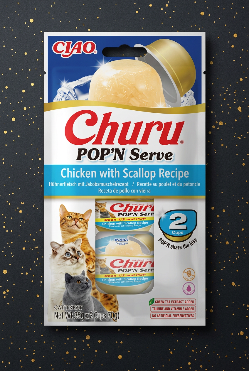 Inaba Ciao Churu Pop’n Serve Huhn mit Jakobsmuschel – Katzensnack 2 × 35 g